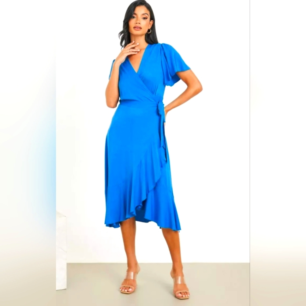 The Limited Blue Asymmetrical Ruffled Wrap Midi Dress